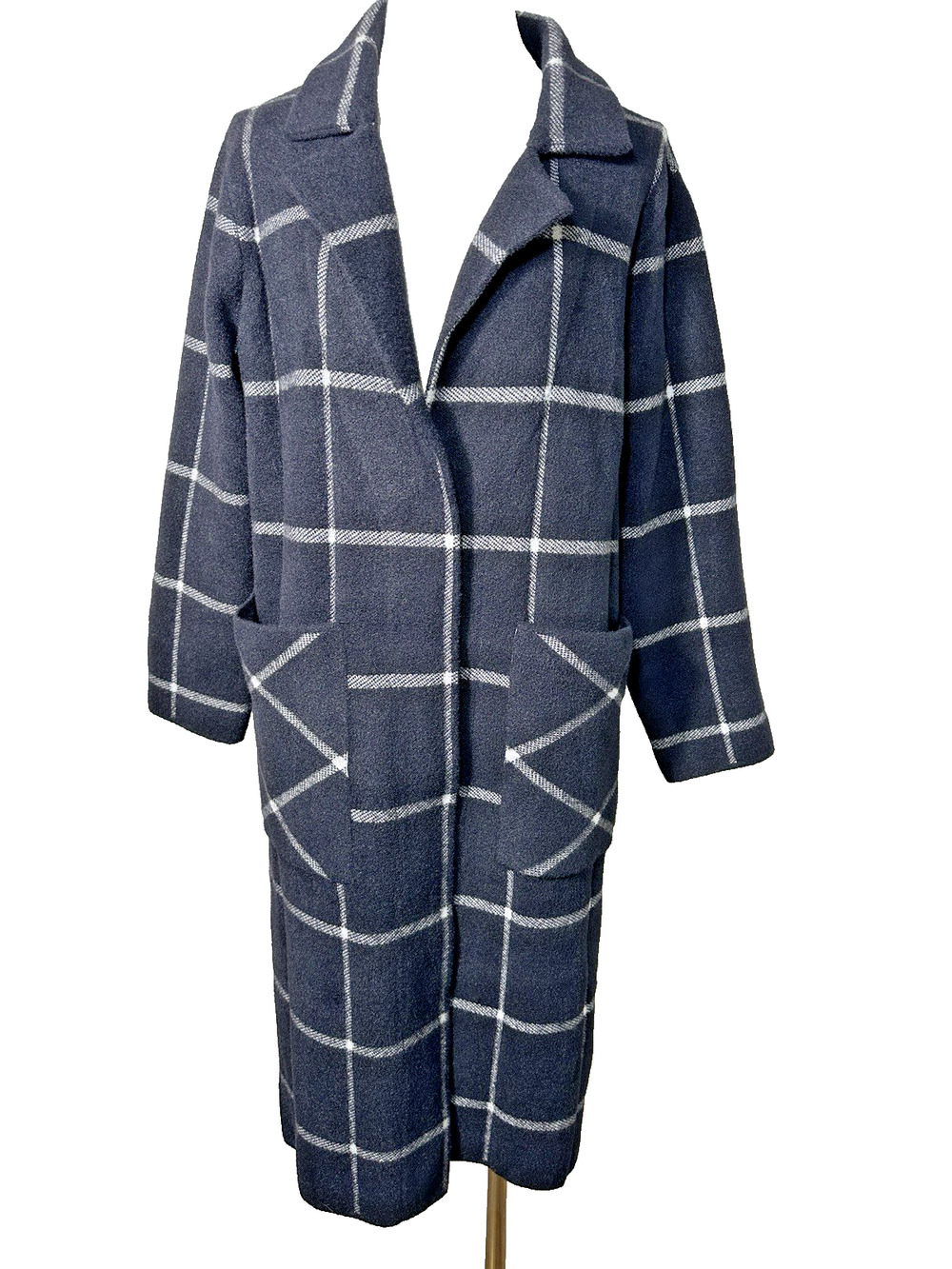 Cliche Women’s Plaid Long Coat Black White Windowpane Snap Front Pockets Size S